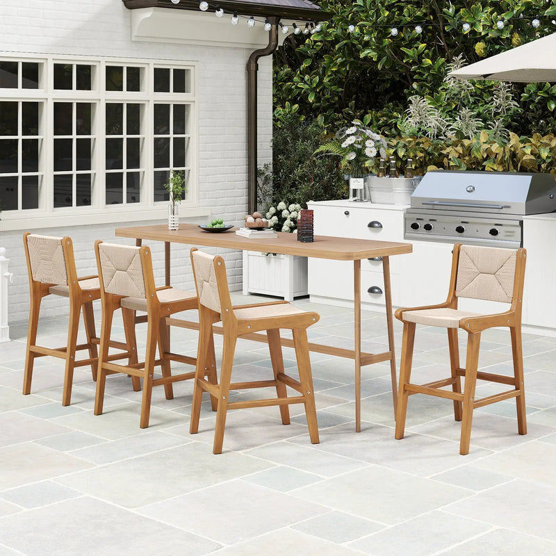 Set of 1 Outdoor Counter Height Bar Stool Woven Paper Rope Patio Barstool with Teak Wood Frame by DirectDeals