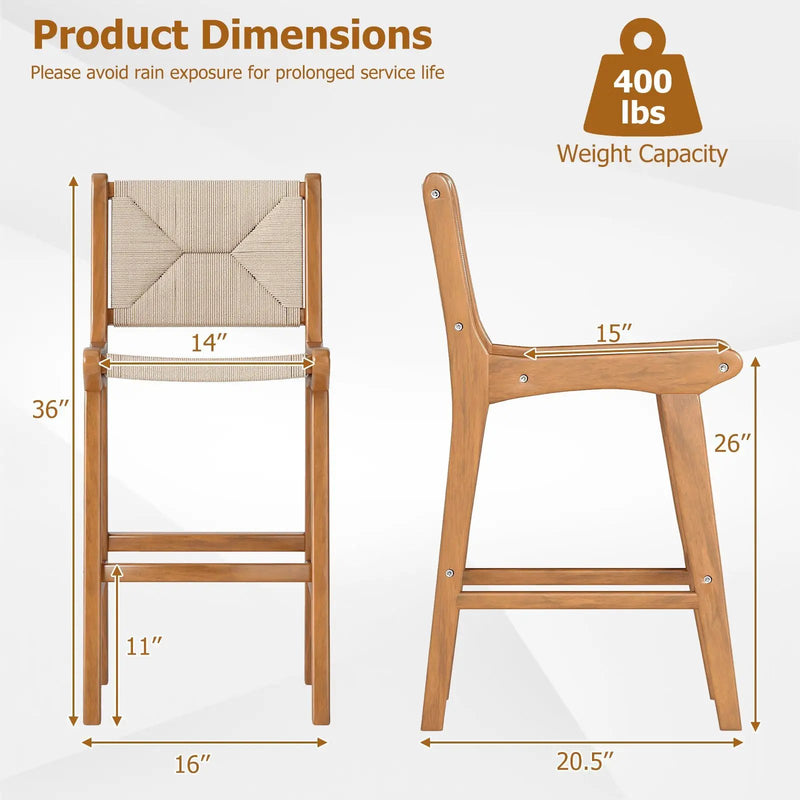 Set of 1 Outdoor Counter Height Bar Stool Woven Paper Rope Patio Barstool with Teak Wood Frame by DirectDeals