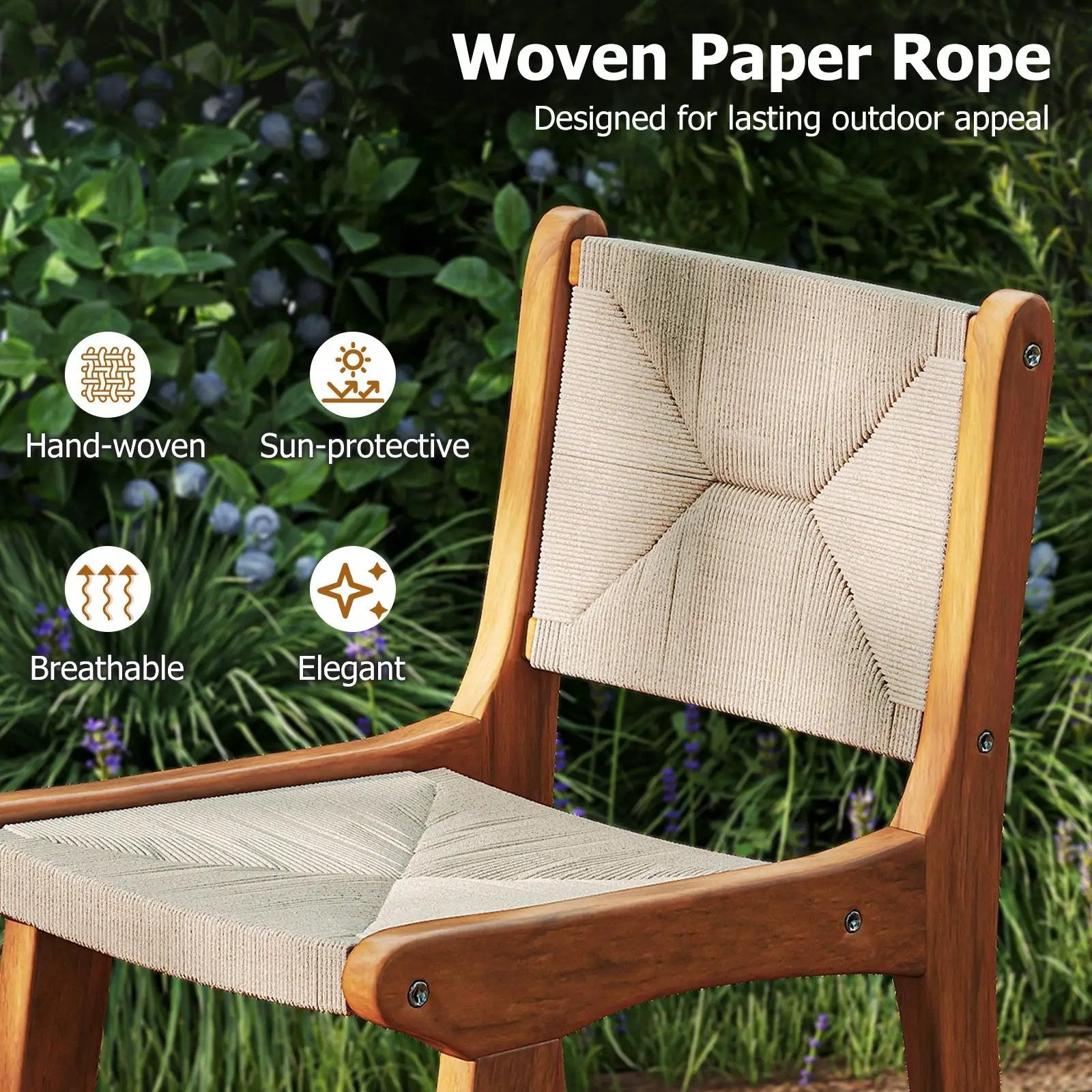 Set of 1 Outdoor Counter Height Bar Stool Woven Paper Rope Patio Barstool with Teak Wood Frame by DirectDeals