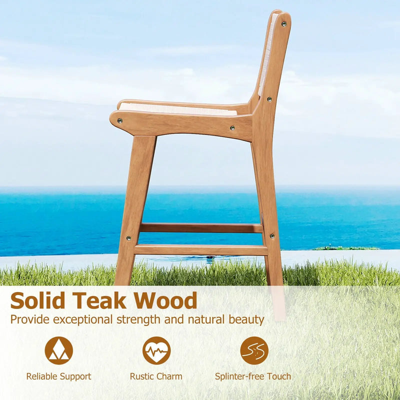 Set of 1 Outdoor Counter Height Bar Stool Woven Paper Rope Patio Barstool with Teak Wood Frame by DirectDeals