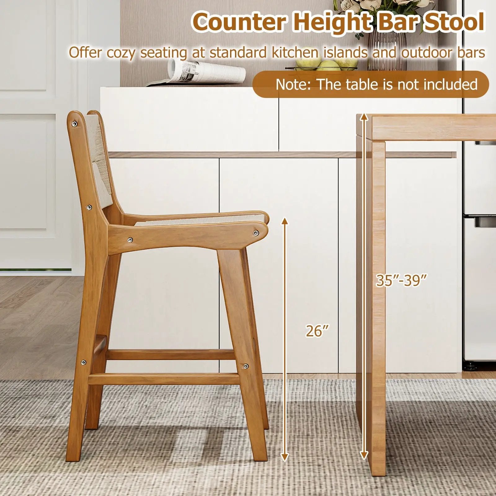 Set of 1 Outdoor Counter Height Bar Stool Woven Paper Rope Patio Barstool with Teak Wood Frame by DirectDeals