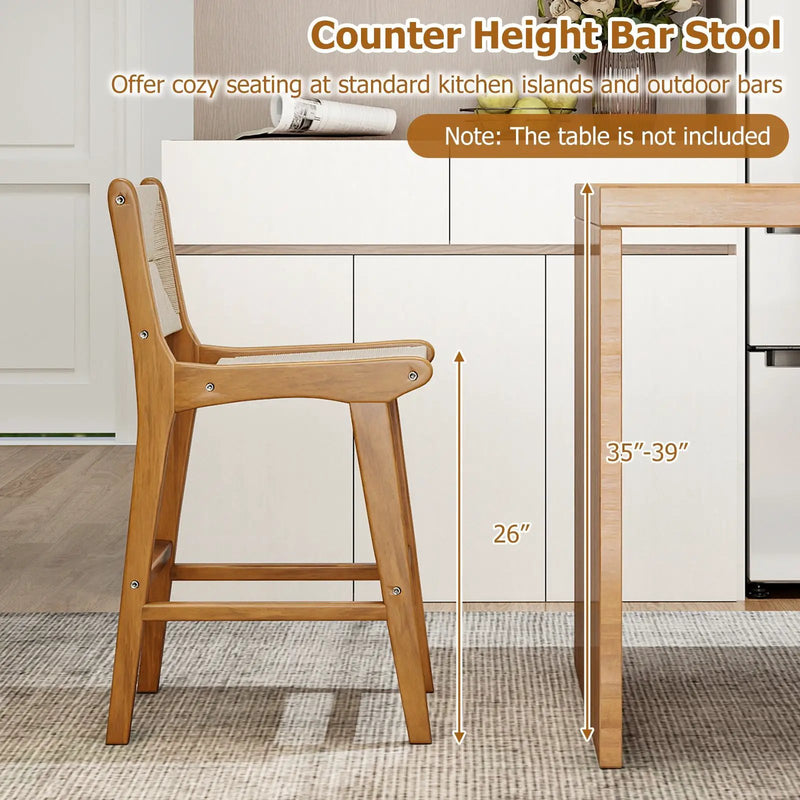 Set of 1 Outdoor Counter Height Bar Stool Woven Paper Rope Patio Barstool with Teak Wood Frame by DirectDeals