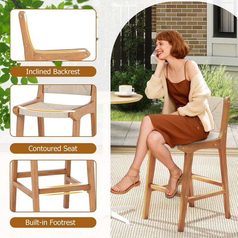 Set of 1 Outdoor Counter Height Bar Stool Woven Paper Rope Patio Barstool with Teak Wood Frame by DirectDeals