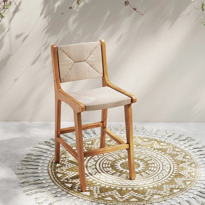 Set of 1 Outdoor Counter Height Bar Stool Woven Paper Rope Patio Barstool with Teak Wood Frame by DirectDeals