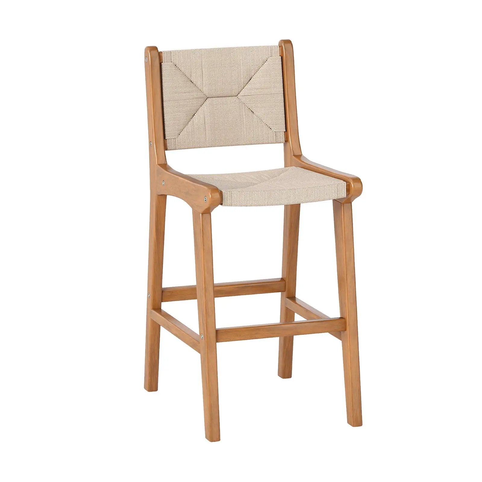 Set of 1 Outdoor Counter Height Bar Stool Woven Paper Rope Patio Barstool with Teak Wood Frame by DirectDeals