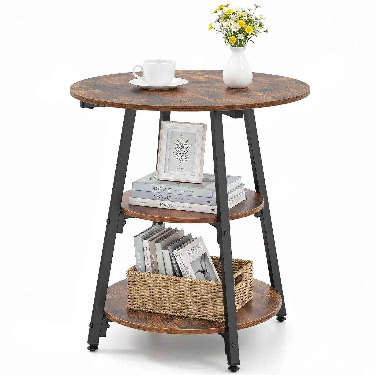 Industrial Side Table with 3-Tier Shelves and Metal Frame by DirectDeals