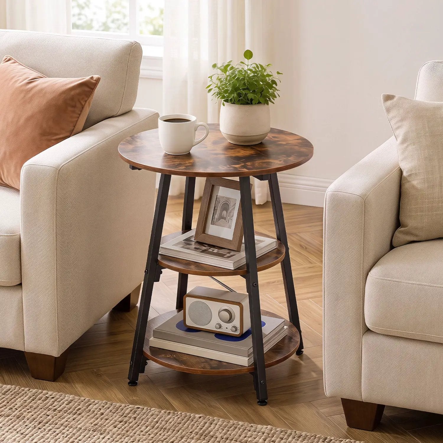 Industrial Side Table with 3-Tier Shelves and Metal Frame by DirectDeals