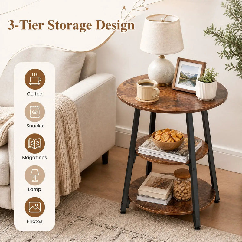 Industrial Side Table with 3-Tier Shelves and Metal Frame by DirectDeals