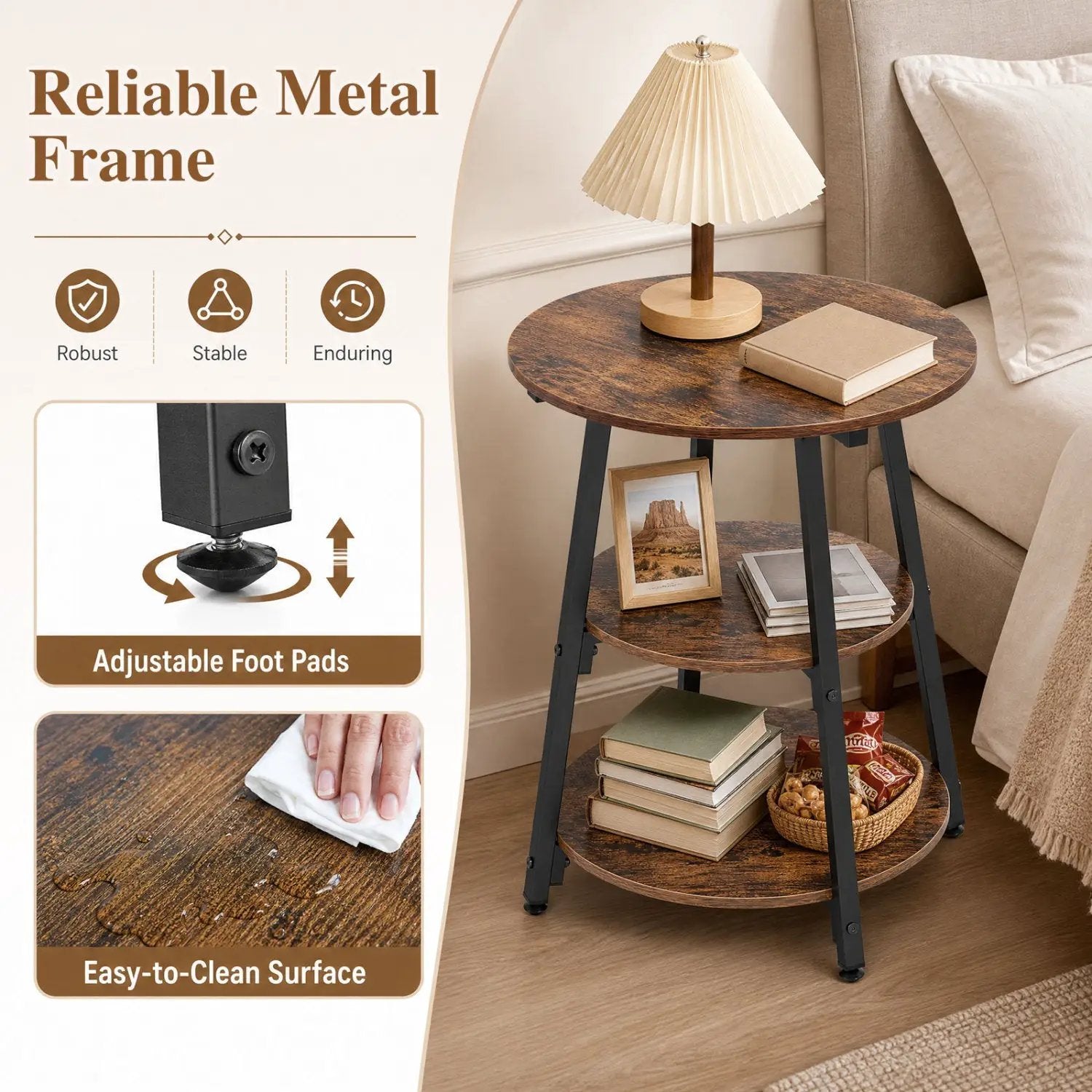 Industrial Side Table with 3-Tier Shelves and Metal Frame by DirectDeals