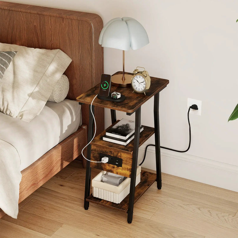 Industrial Side Table with Charging Station & 3-Tier Shelves by DirectDeals