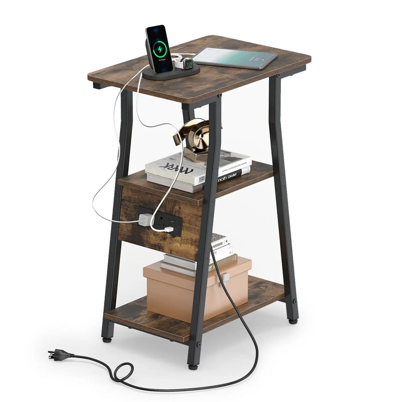 Industrial Side Table with Charging Station & 3-Tier Shelves by DirectDeals