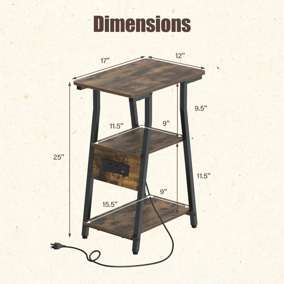 Industrial Side Table with Charging Station & 3-Tier Shelves by DirectDeals