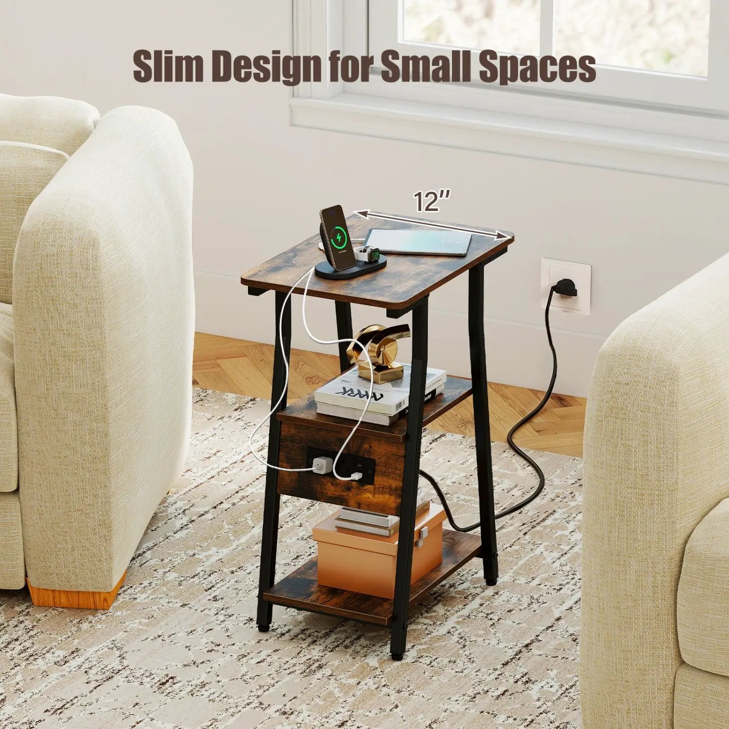 Industrial Side Table with Charging Station & 3-Tier Shelves by DirectDeals
