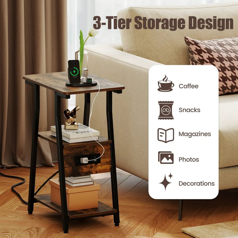Industrial Side Table with Charging Station & 3-Tier Shelves by DirectDeals