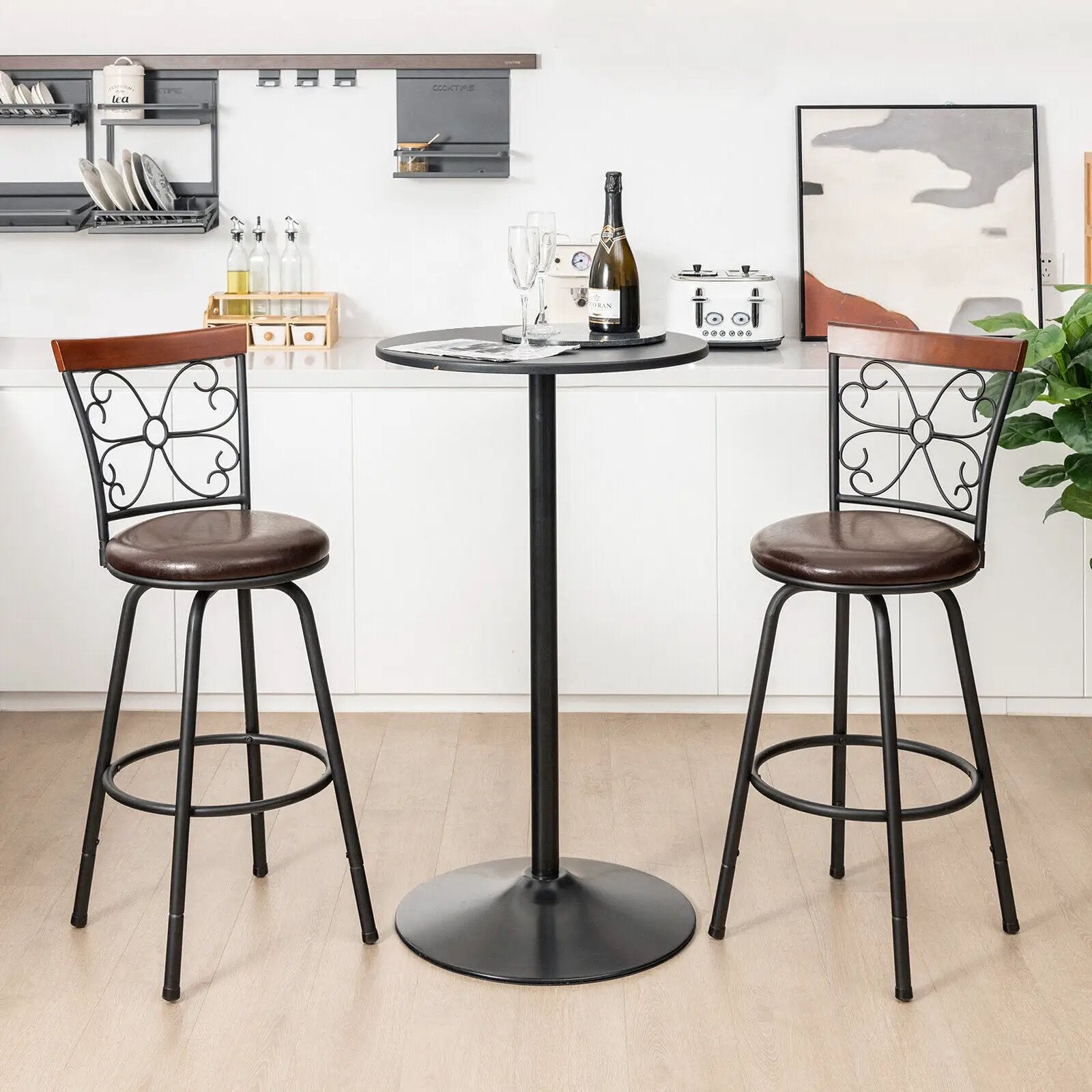 2 Pieces 24-30 Inch Adjustable PU Cushioned Swivel Barstools-Brown by DirectDeals