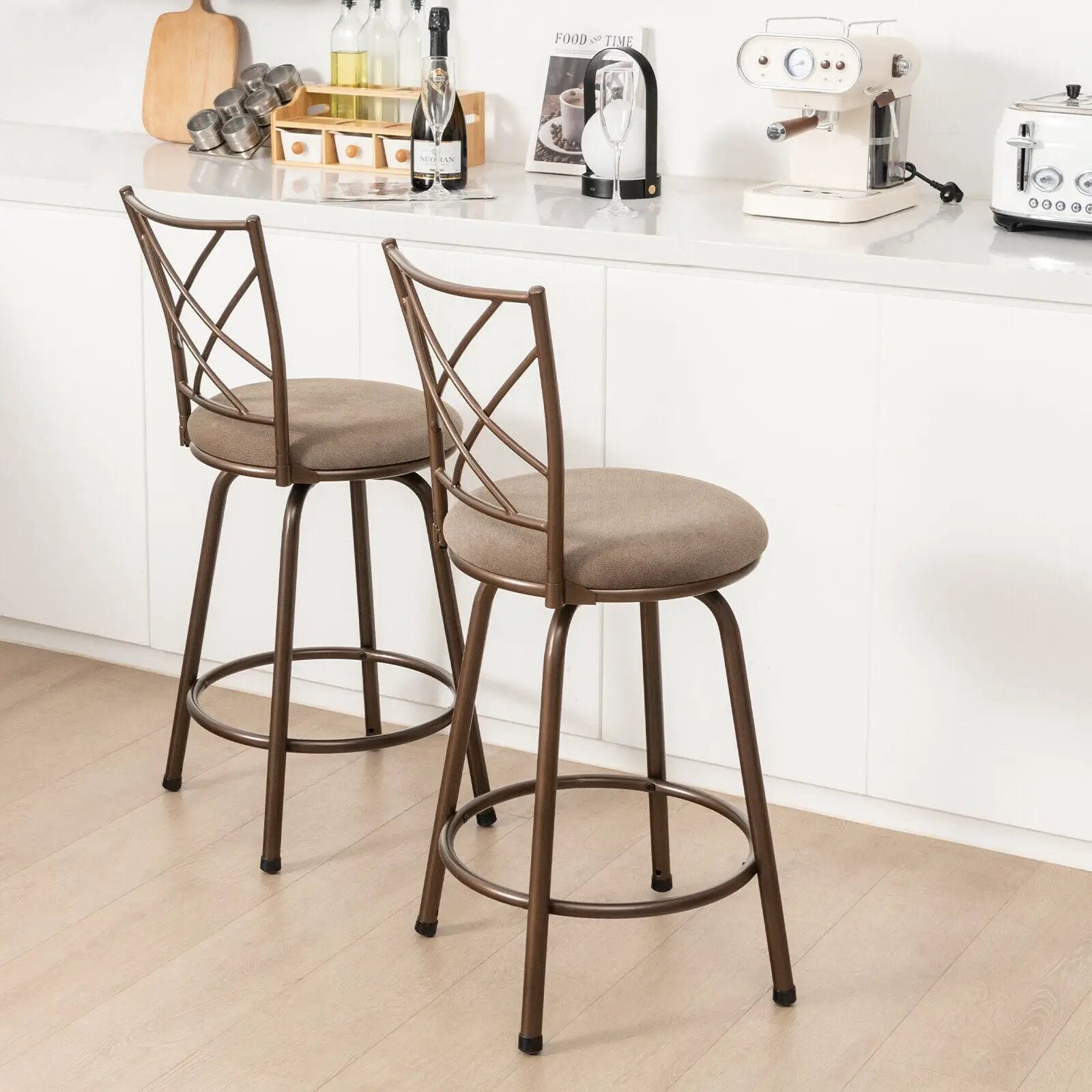 2 Pieces Swivel Pluch Fabrice Cushioned Bar Stool Set-Brown by DirectDeals