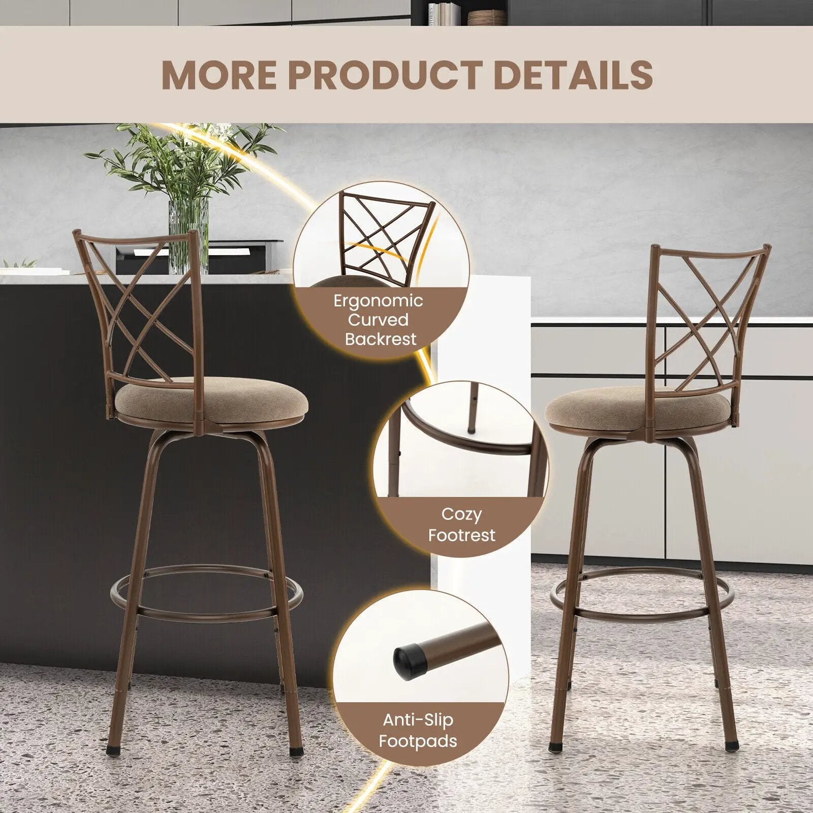 2 Pieces Swivel Pluch Fabrice Cushioned Bar Stool Set-Brown by DirectDeals