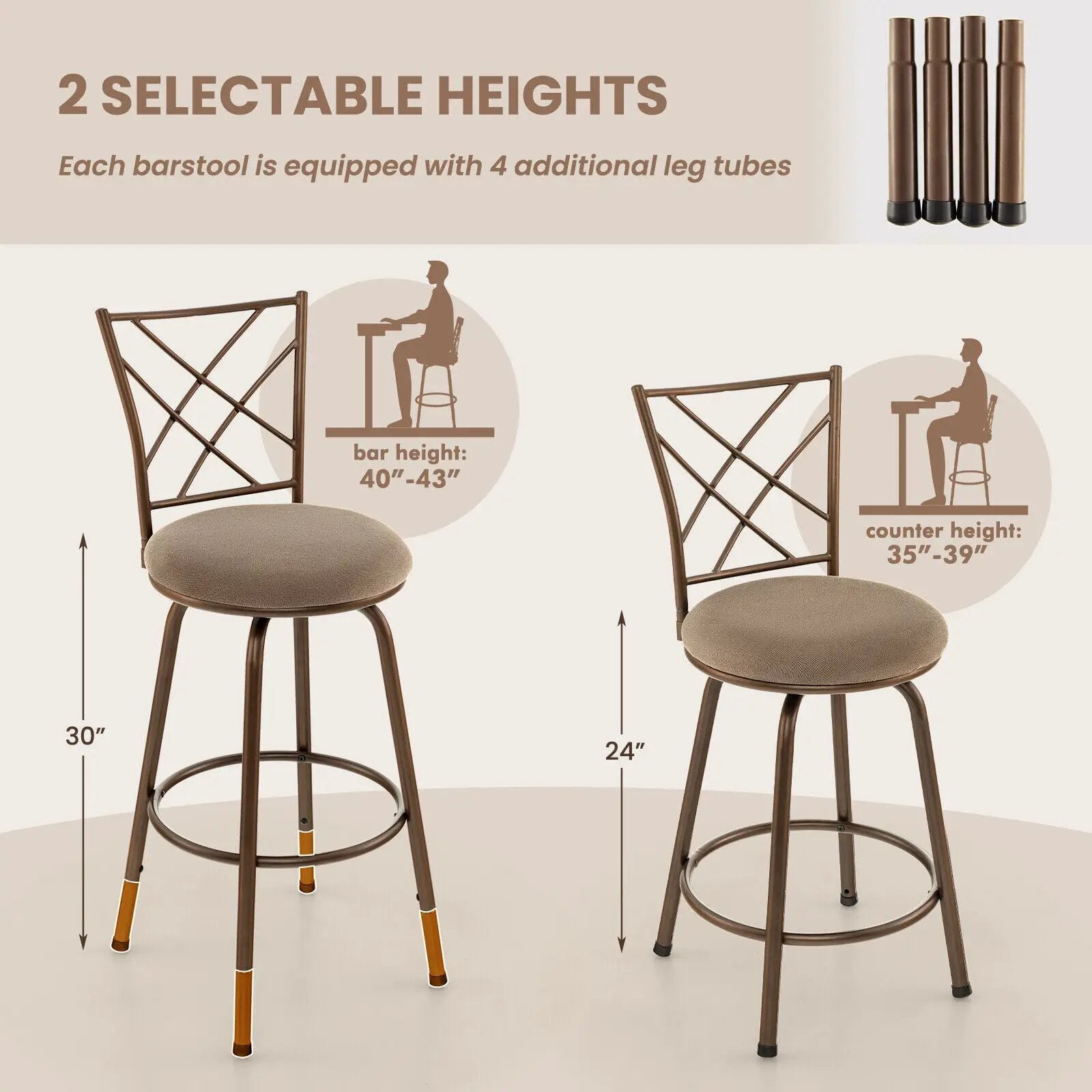 2 Pieces Swivel Pluch Fabrice Cushioned Bar Stool Set-Brown by DirectDeals