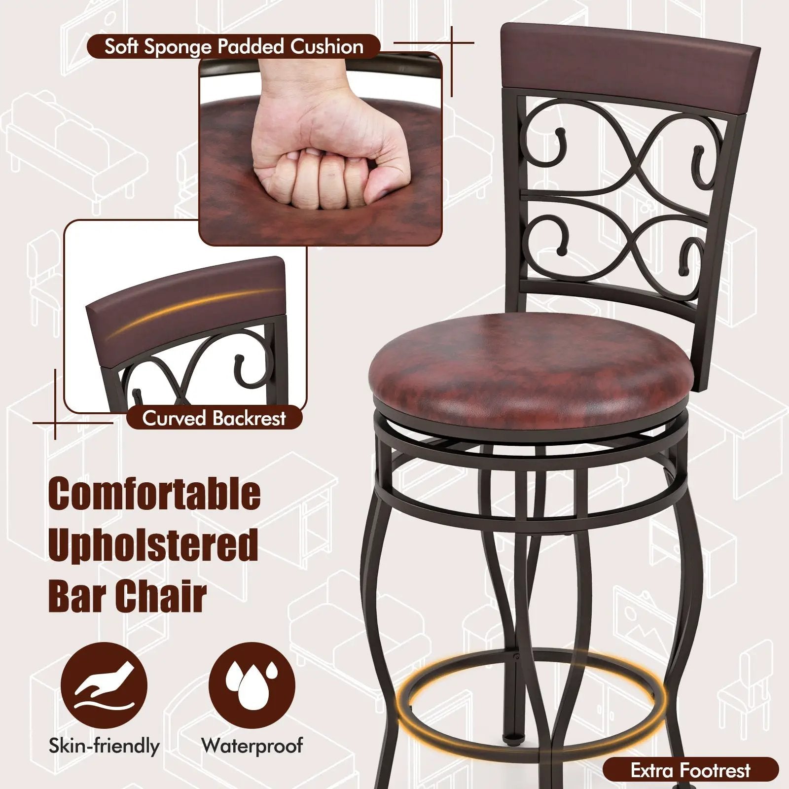 Set of 2 26 Inch Bar Stool with Backrest and Footrest by DirectDeals