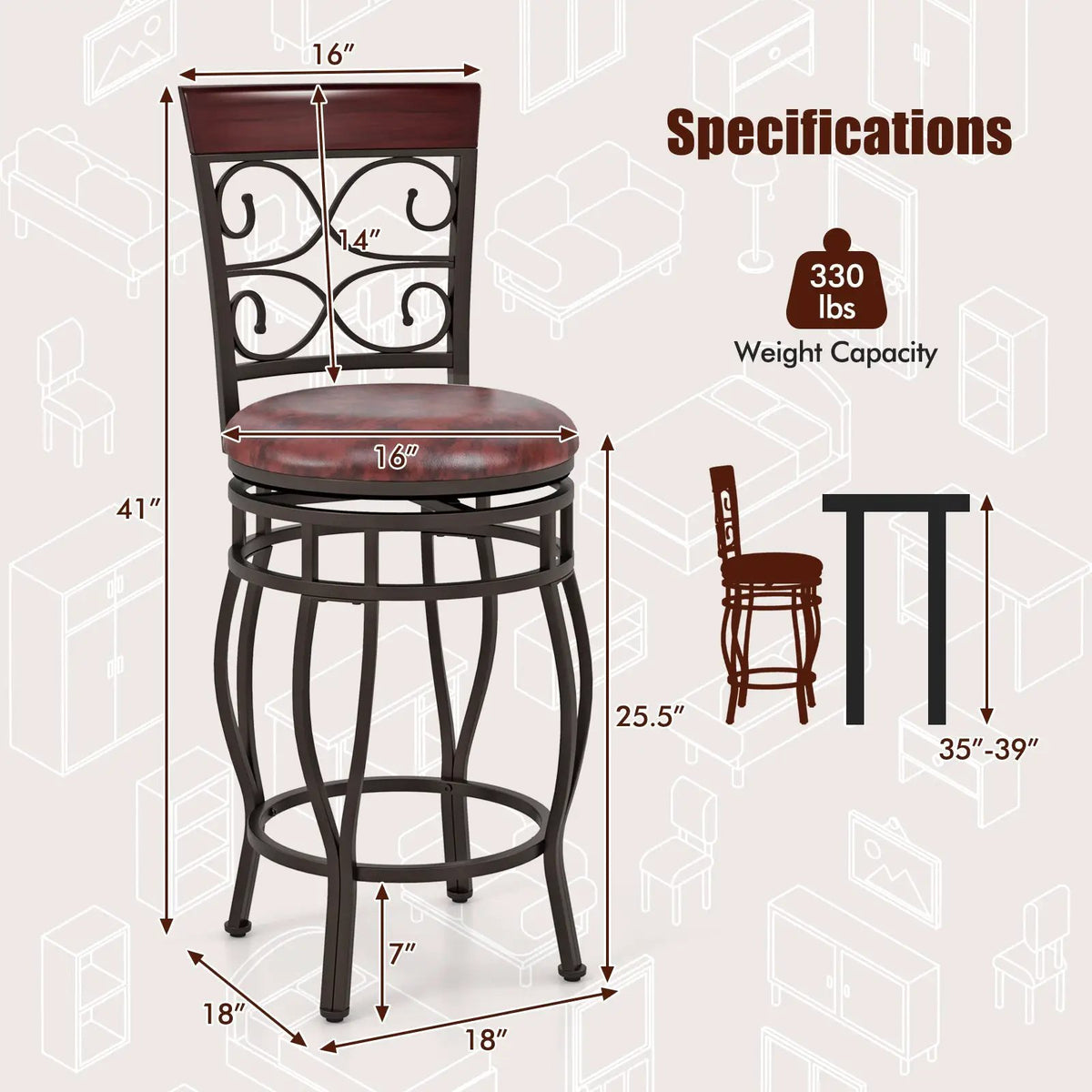 Set of 2 26 Inch Bar Stool with Backrest and Footrest, photo 4 of 9