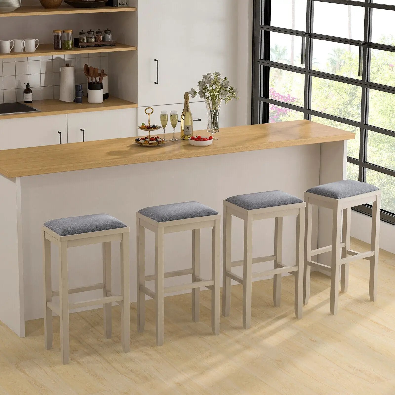 2 Pieces 31 Inch Upholstered Bar Stool Set with Solid Rubber Wood Frame and Footres by DirectDeals