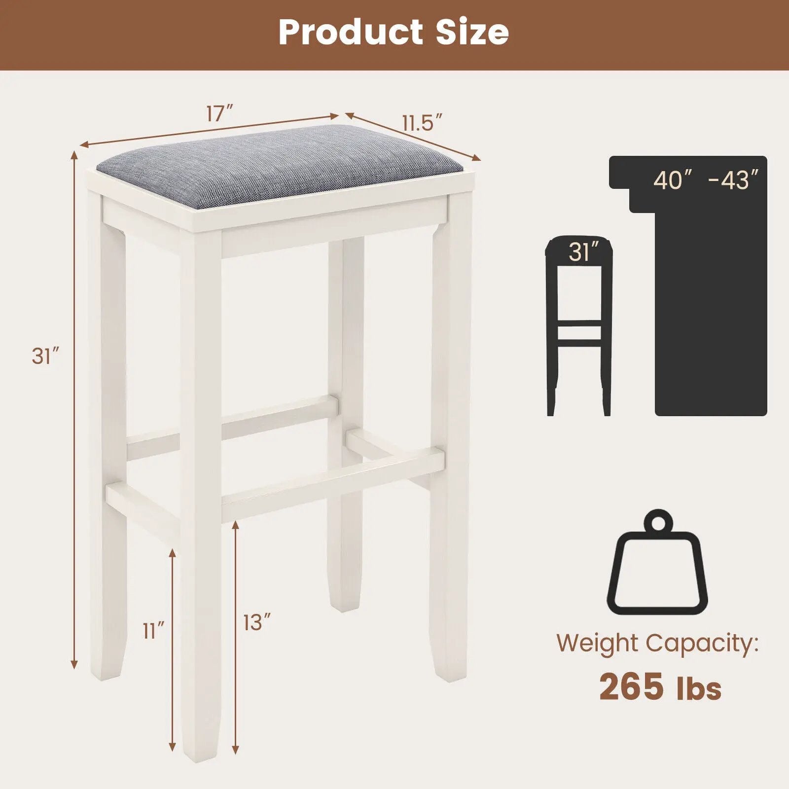 2 Pieces 31 Inch Upholstered Bar Stool Set with Solid Rubber Wood Frame and Footres by DirectDeals