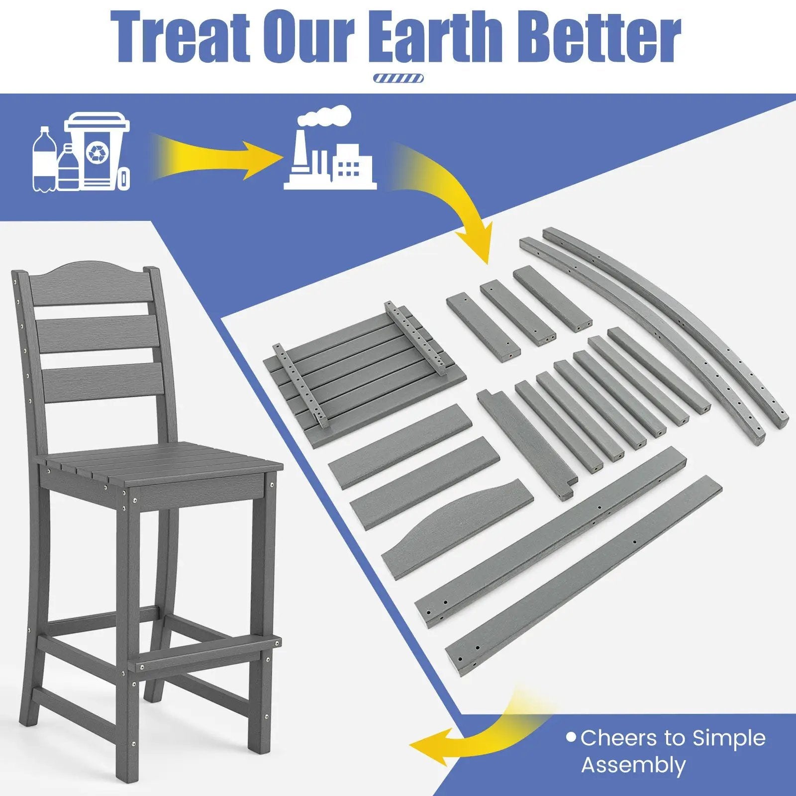 Set of 2 30 Inches HDPE Outdoor Counter Height Bar Stools with Backs-Gray by DirectDeals