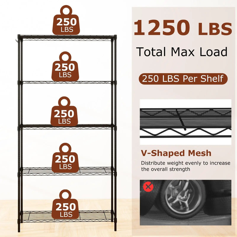 Set of 2 5-Tier Metal Storage Shelving Unit with V-Shaped Wire Rack and 1250 LBS Capacity-Black by DirectDeals