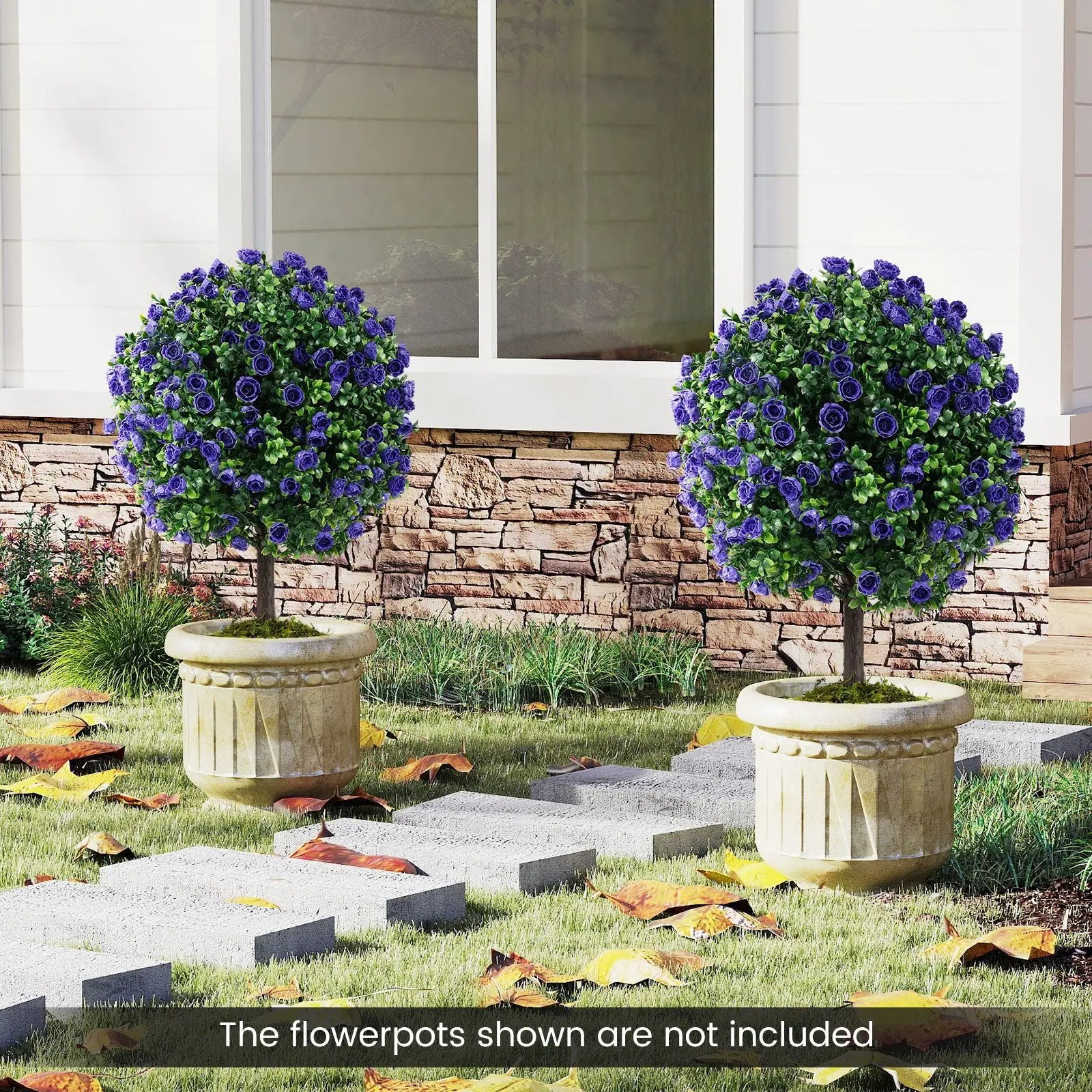 22 Inch Set of 2 Artificial Purple Rose Topiary Ball Trees with Cement-Filled Pot-Purple by DirectDeals