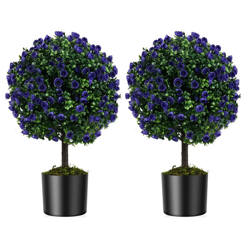 22 Inch Set of 2 Artificial Purple Rose Topiary Ball Trees with Cement-Filled Pot-Purple by DirectDeals