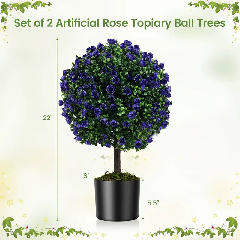 22 Inch Set of 2 Artificial Purple Rose Topiary Ball Trees with Cement-Filled Pot-Purple by DirectDeals