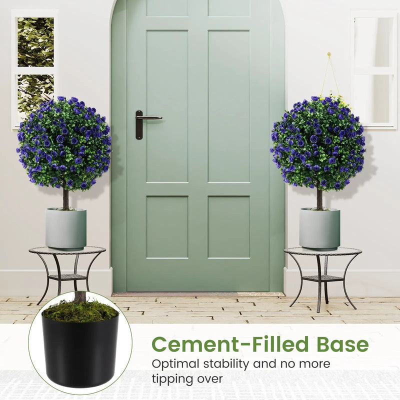 22 Inch Set of 2 Artificial Purple Rose Topiary Ball Trees with Cement-Filled Pot-Purple by DirectDeals