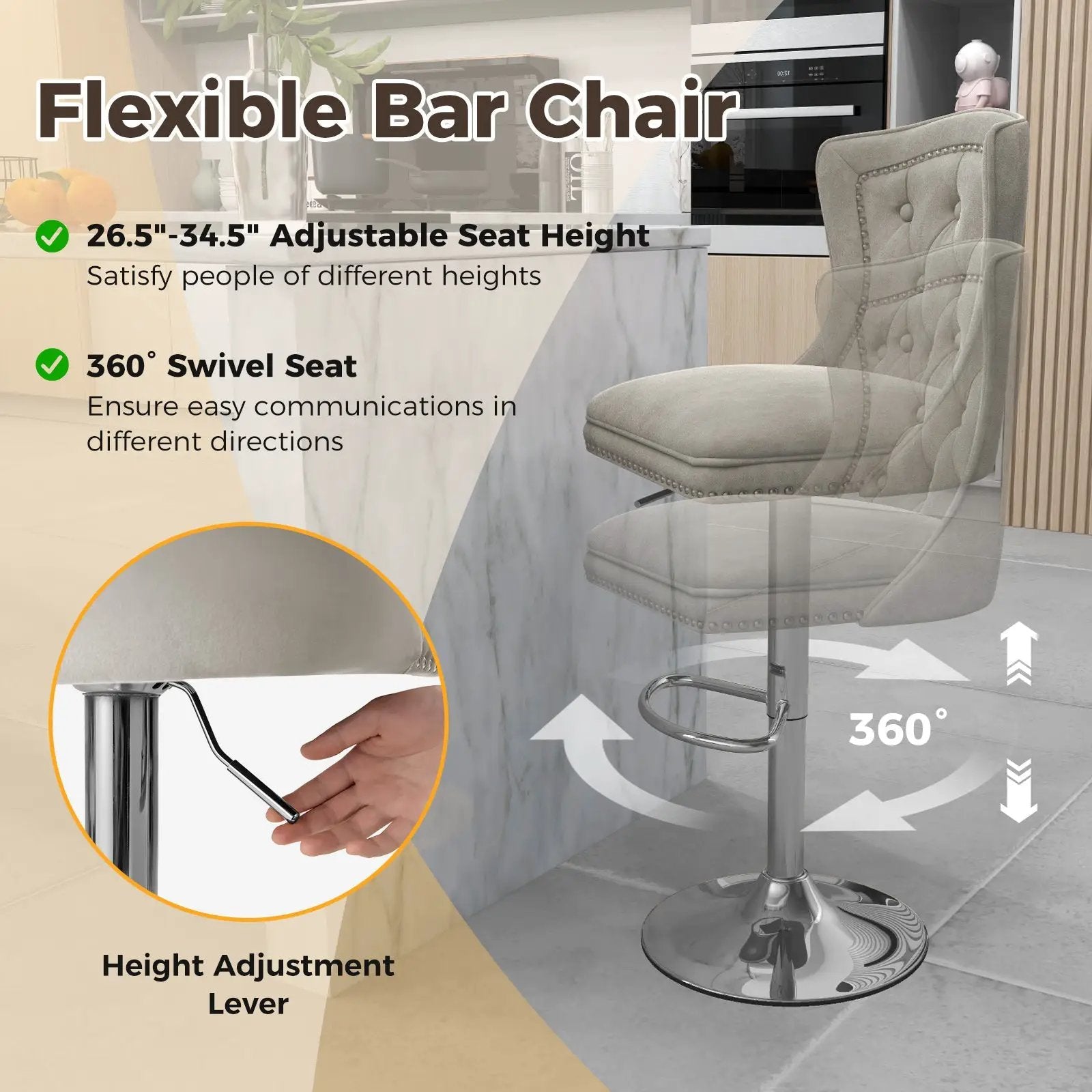 Set of 2 Bar Chairs with Footrest Electroplated Metal Base and Anti-Slip Ring by DirectDeals