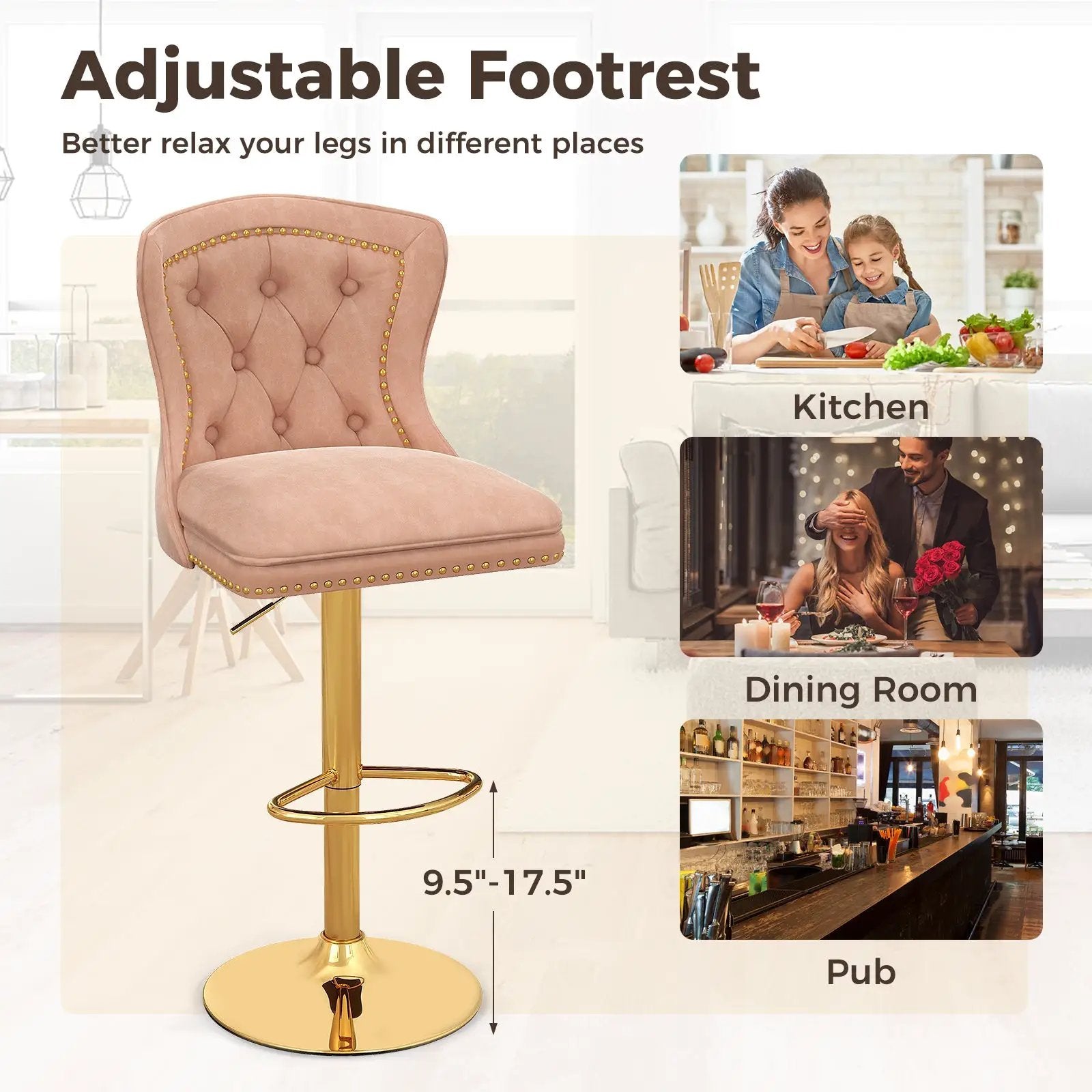 Set of 2 Bar Chairs with Footrest Electroplated Metal Base and Anti-Slip Ring by DirectDeals