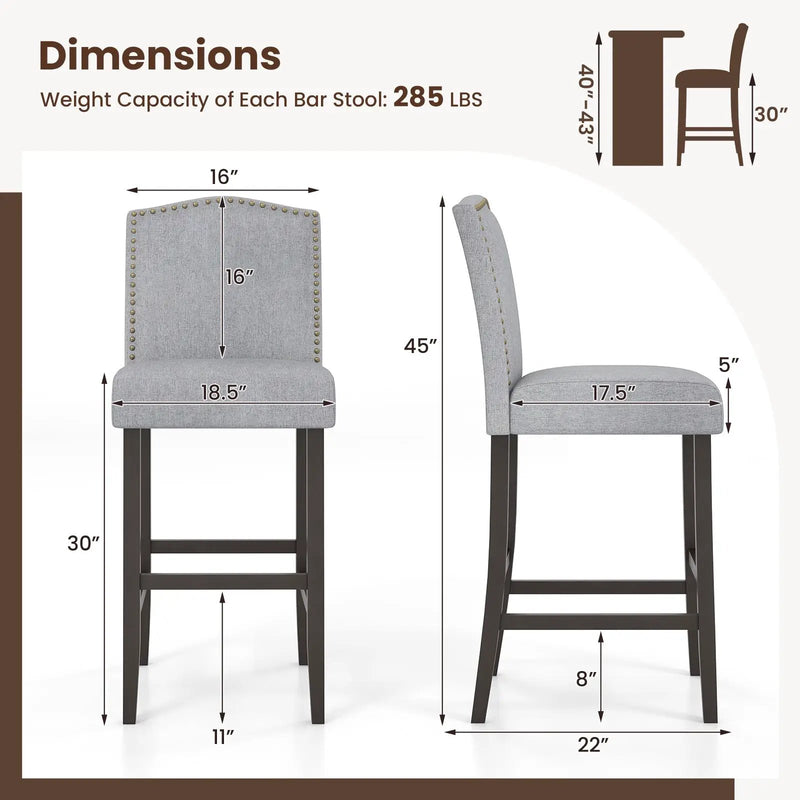 Set of 2 Bar Height Dining Side Barstools with Thick Cushion-Gray by DirectDeals