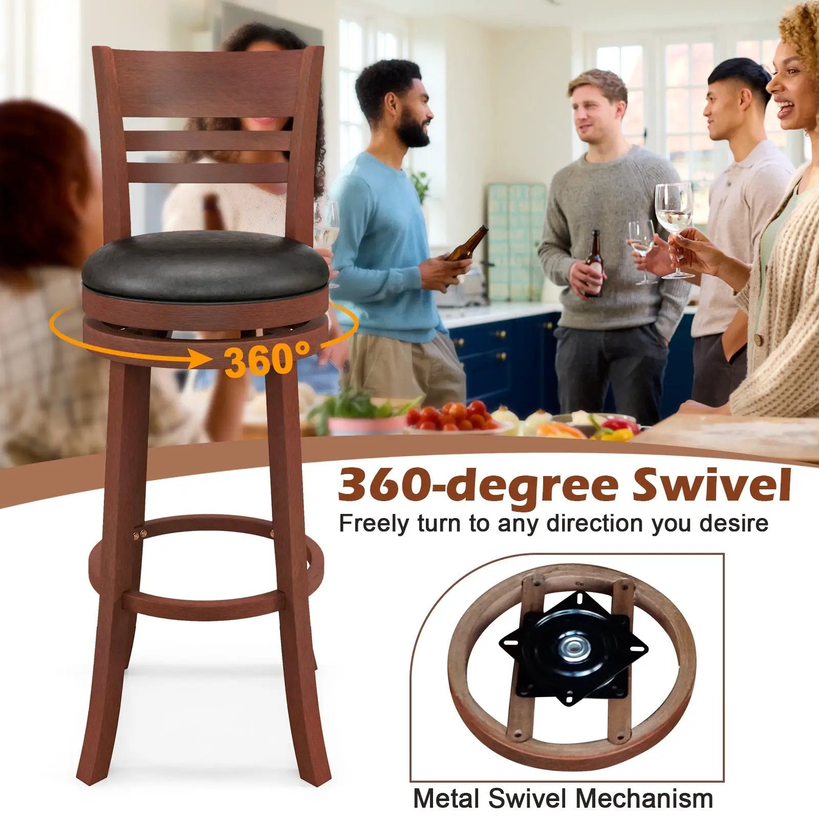Set of 2 360° Bar Stools with PU Upholstered Seats-Brown by DirectDeals