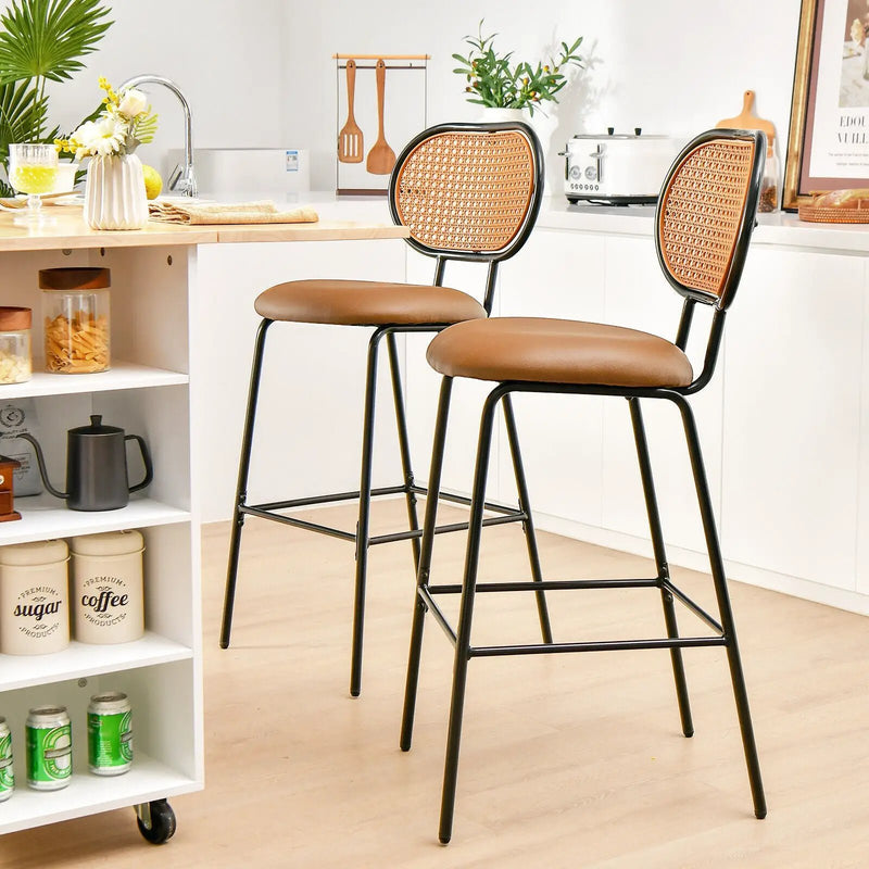 29.5 Inch Modern Faux Leather Bar Stools with Imitation Rattan Woven Backrest by DirectDeals