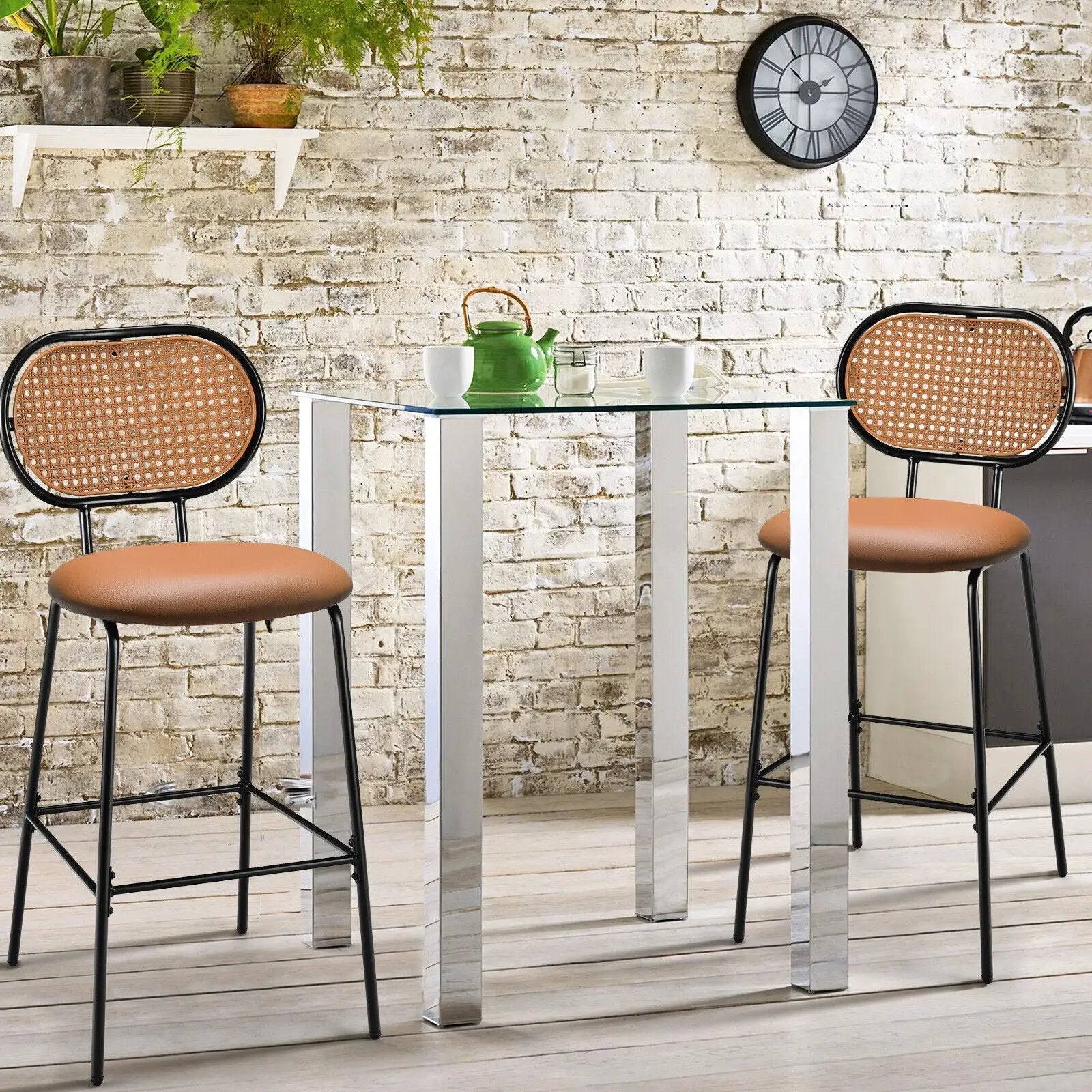 29.5 Inch Modern Faux Leather Bar Stools with Imitation Rattan Woven Backrest by DirectDeals