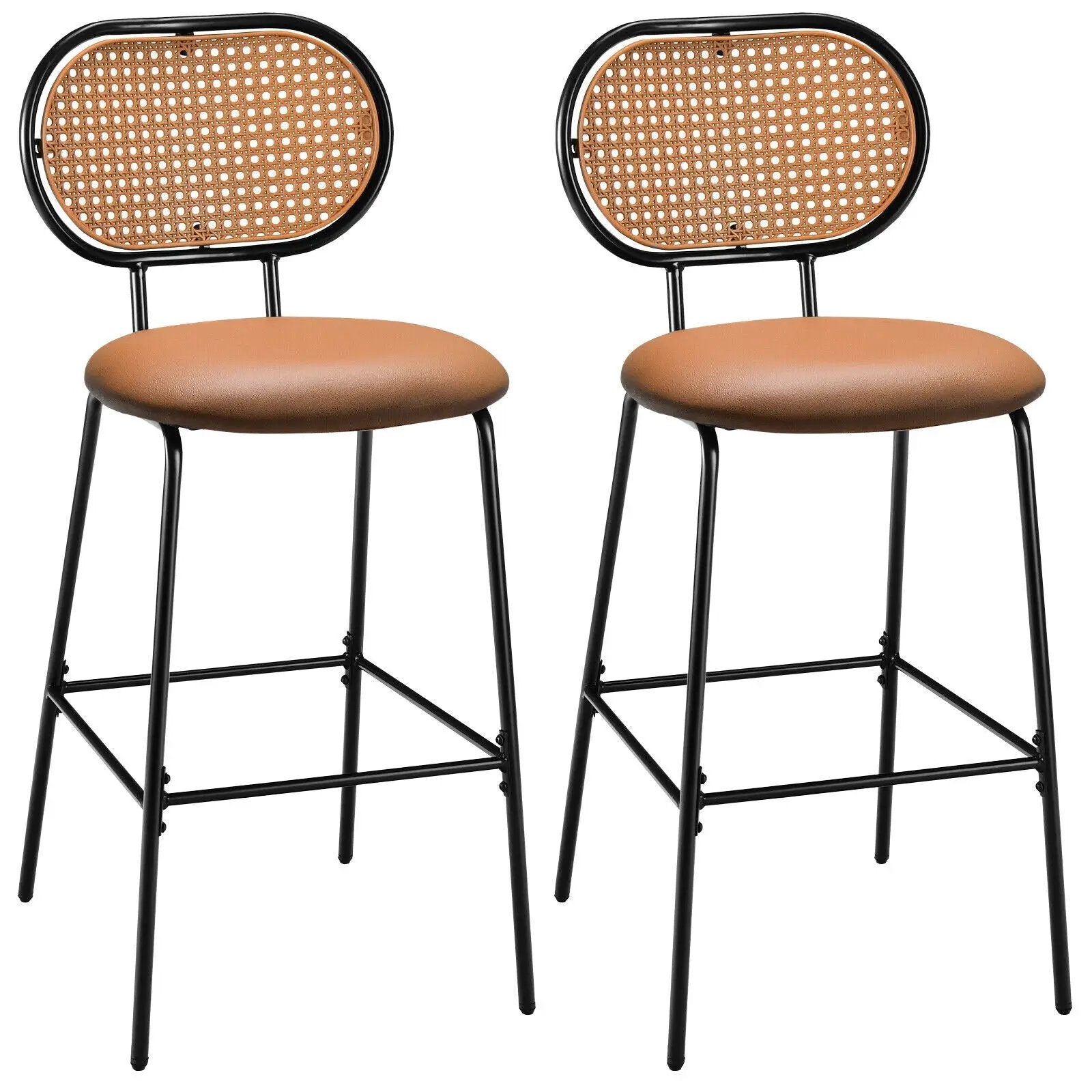 29.5 Inch Modern Faux Leather Bar Stools with Imitation Rattan Woven Backrest by DirectDeals