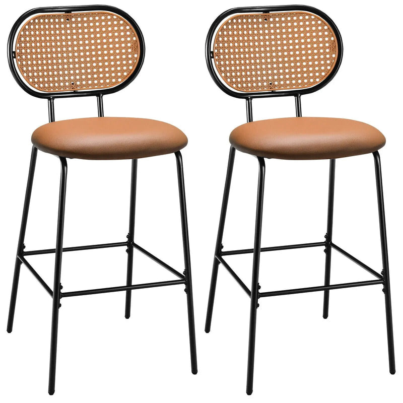 29.5 Inch Modern Faux Leather Bar Stools with Imitation Rattan Woven Backrest by DirectDeals