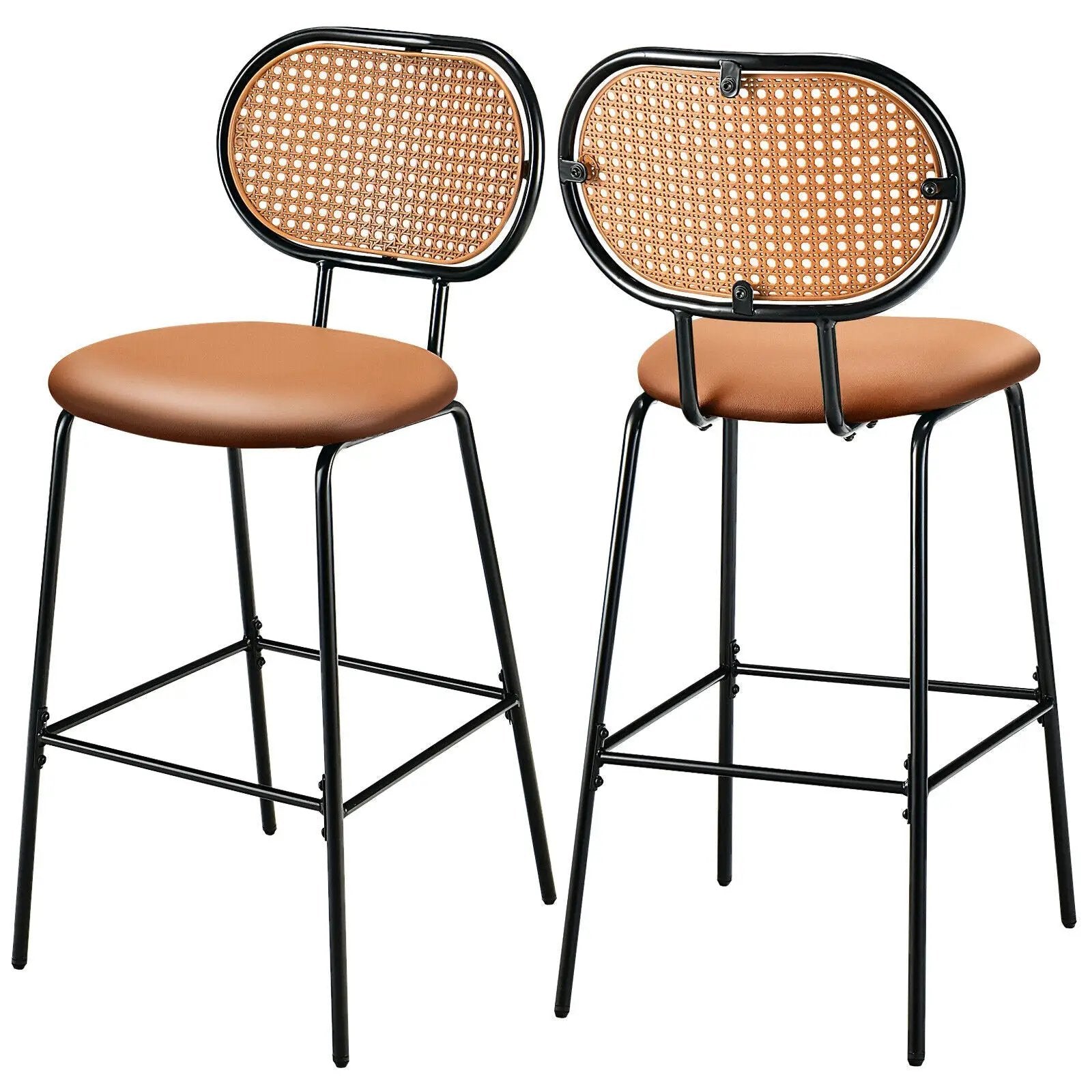 29.5 Inch Modern Faux Leather Bar Stools with Imitation Rattan Woven Backrest by DirectDeals