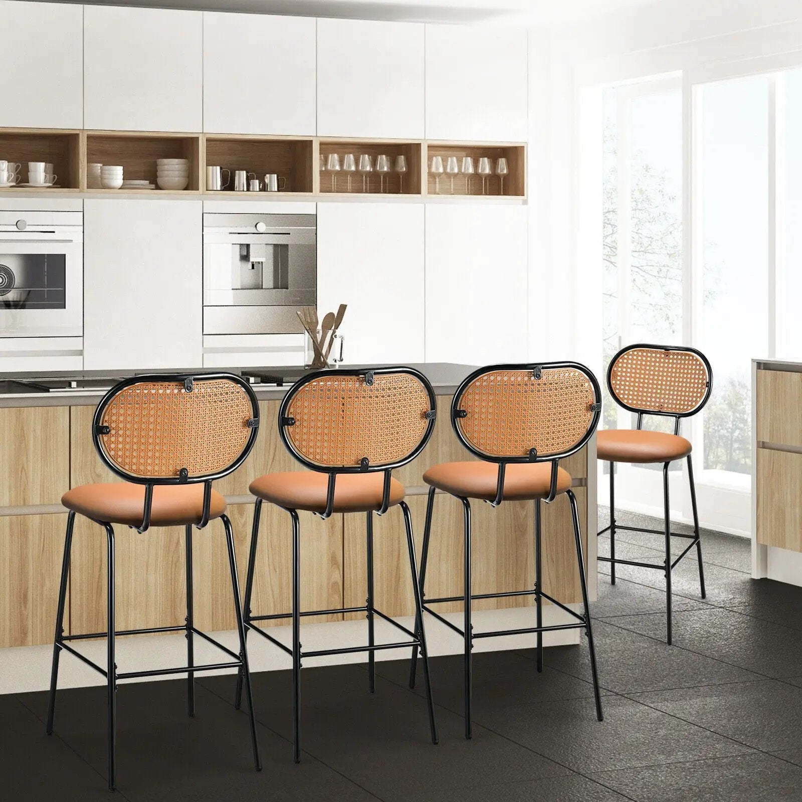 29.5 Inch Modern Faux Leather Bar Stools with Imitation Rattan Woven Backrest by DirectDeals