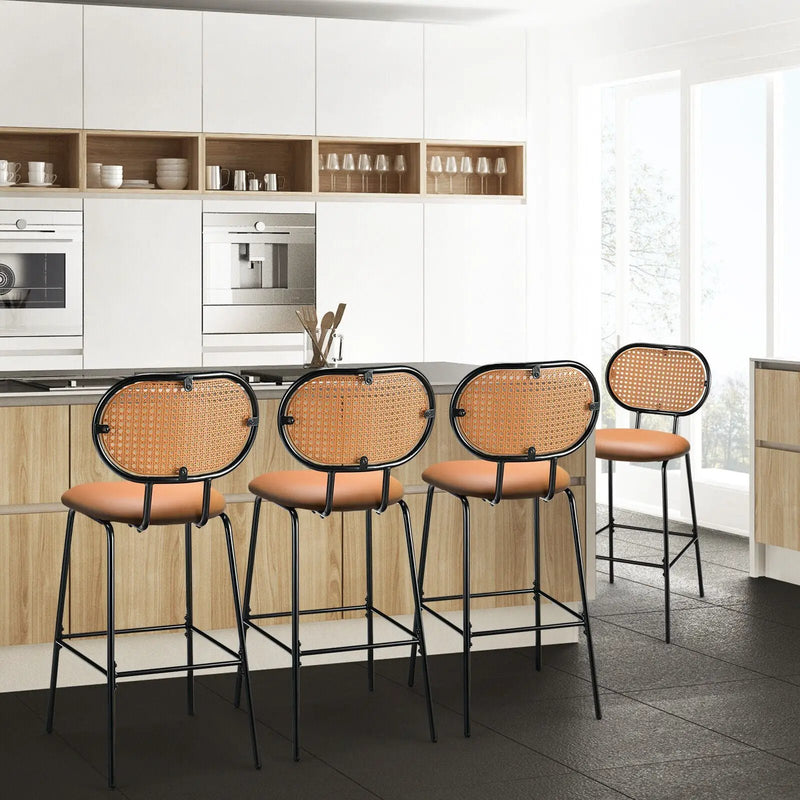 29.5 Inch Modern Faux Leather Bar Stools with Imitation Rattan Woven Backrest by DirectDeals
