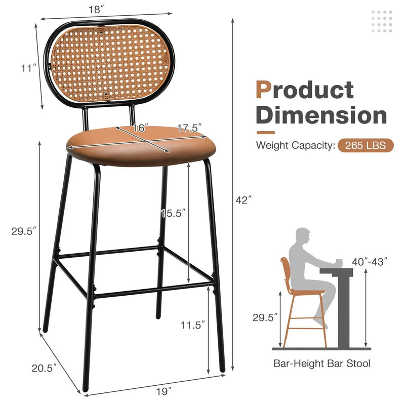 29.5 Inch Modern Faux Leather Bar Stools with Imitation Rattan Woven Backrest by DirectDeals