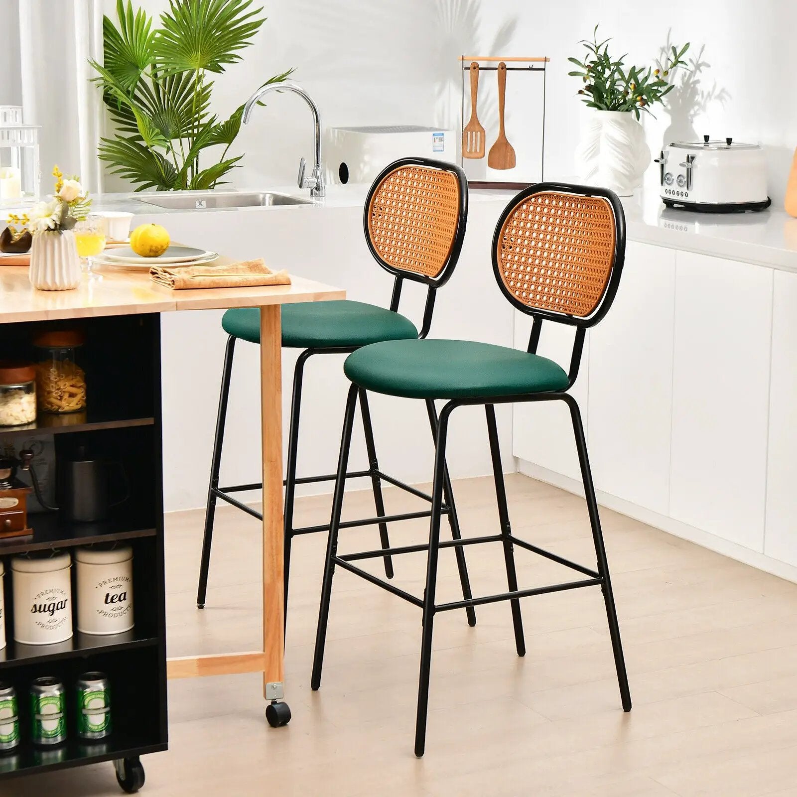 29.5 Inch Modern Faux Leather Bar Stools with Imitation Rattan Woven Backrest by DirectDeals