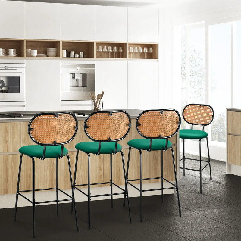 29.5 Inch Modern Faux Leather Bar Stools with Imitation Rattan Woven Backrest by DirectDeals