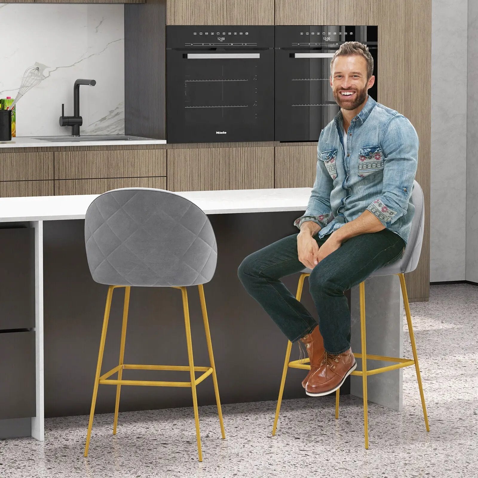 29 Inches Set of 2 Bar Stoolswith Padded Seats-Gray by DirectDeals