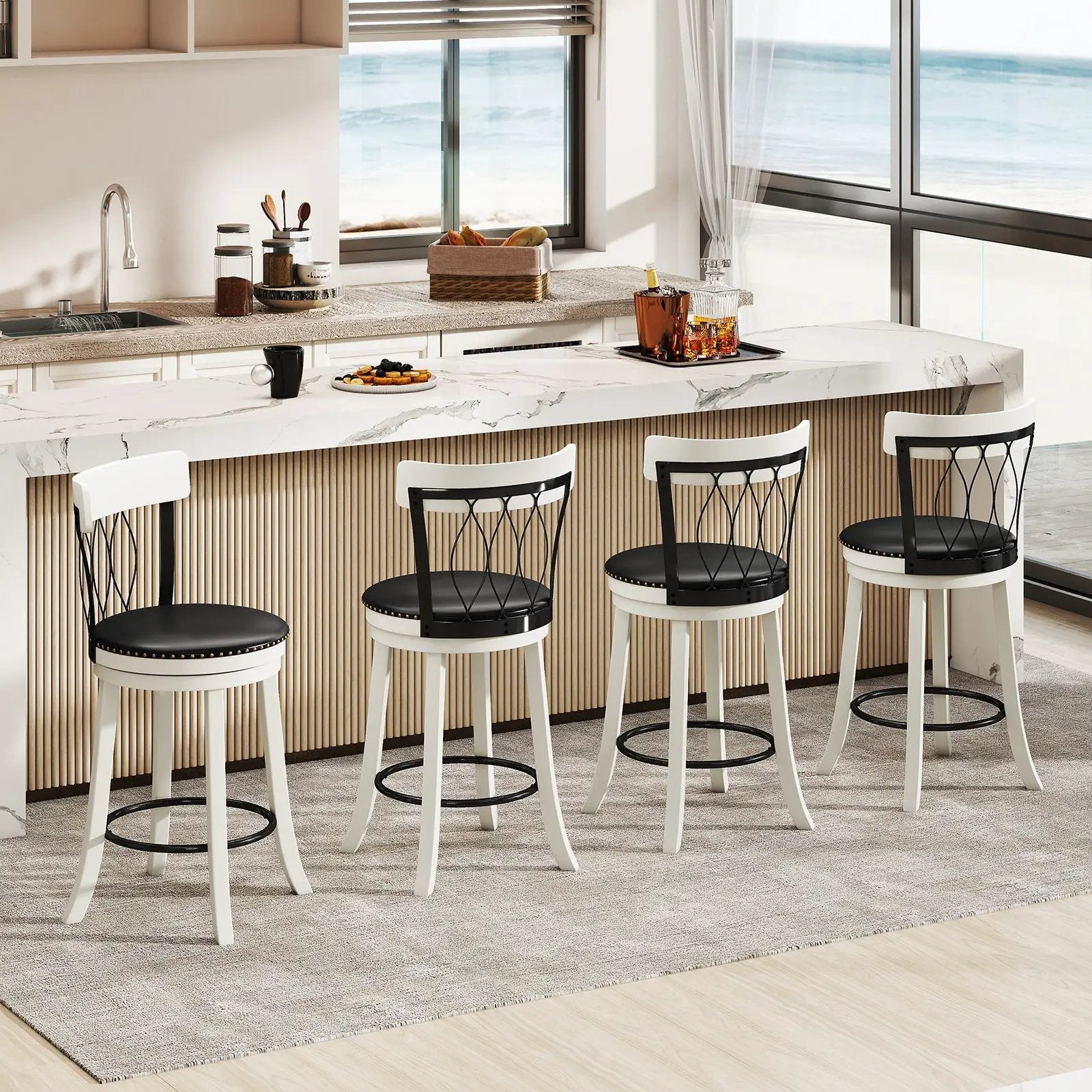 Set of 2 Bar Stools Swivel Bar Chairs with Footrest Rubber Wood Frame and Tufted Rivets by DirectDeals