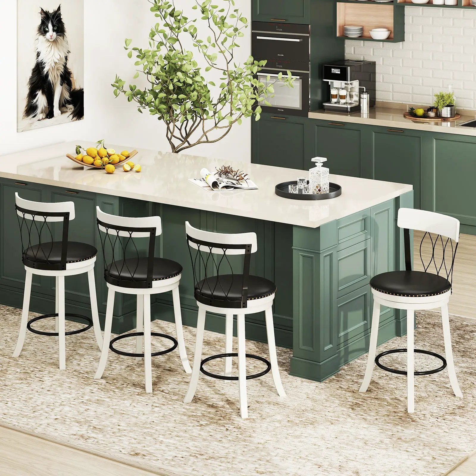 Set of 2 Bar Stools Swivel Bar Chairs with Footrest Rubber Wood Frame and Tufted Rivets by DirectDeals