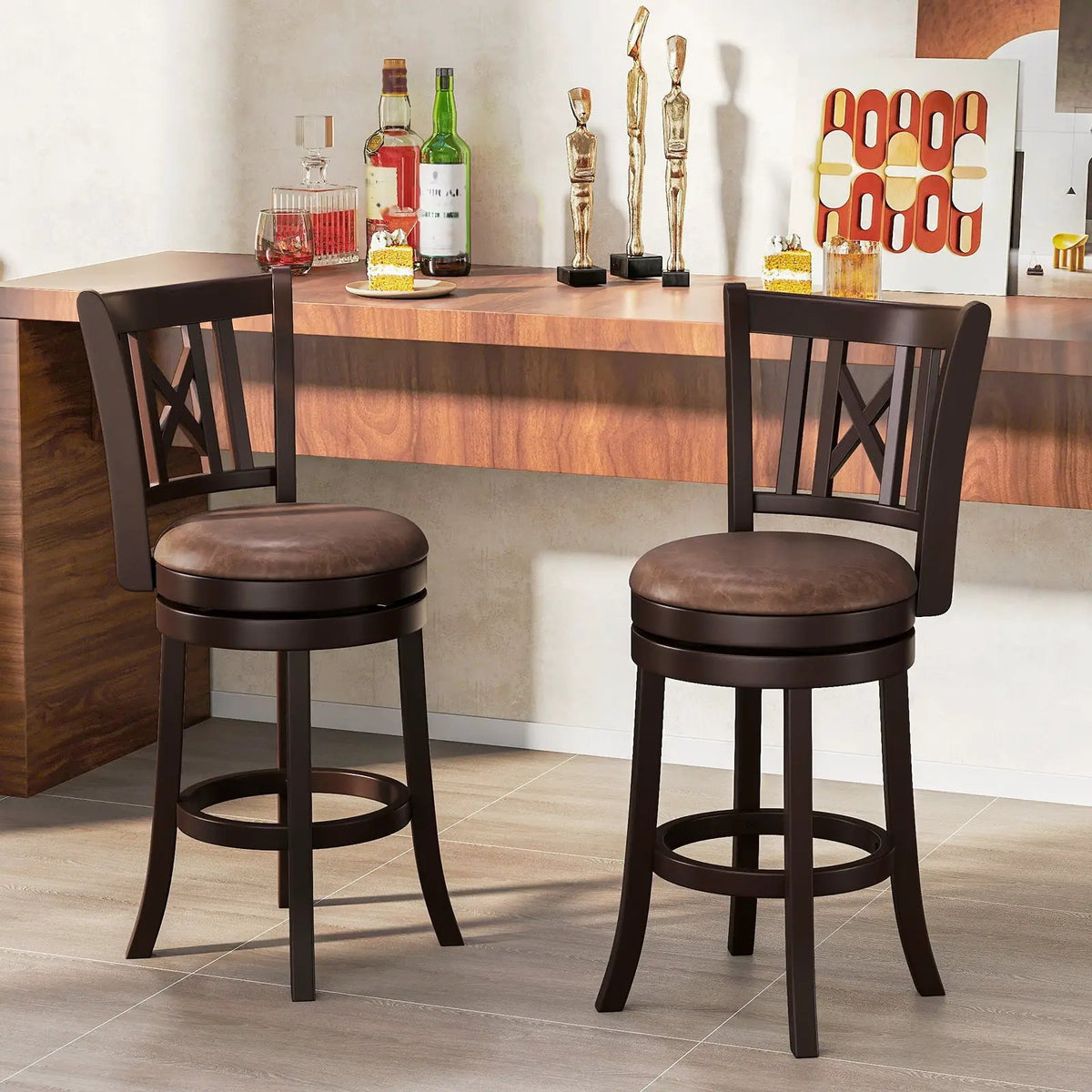 Set of 2 Bar Stools Swivel Bar Chairs with Footrest and Hollowed Backrest
